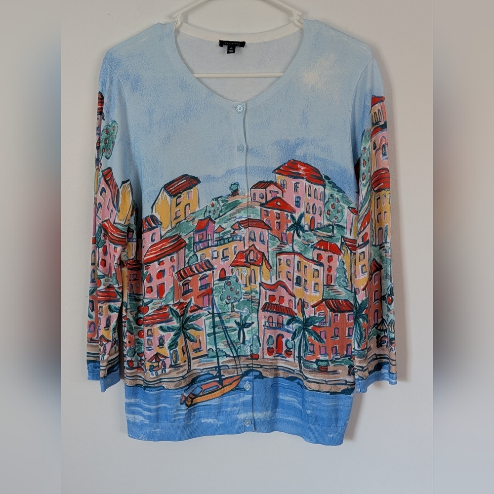 Talbots Blue Multicolor Screenprint Cardigan XL
